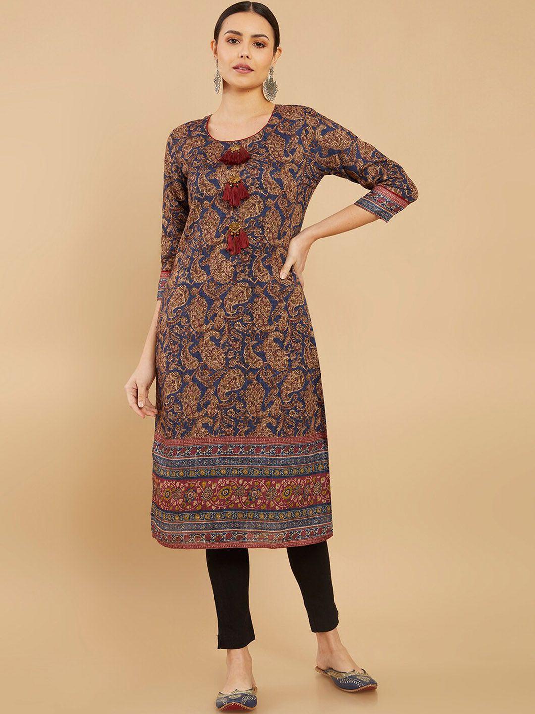 soch women blue & mustard yellow paisley printed kurta