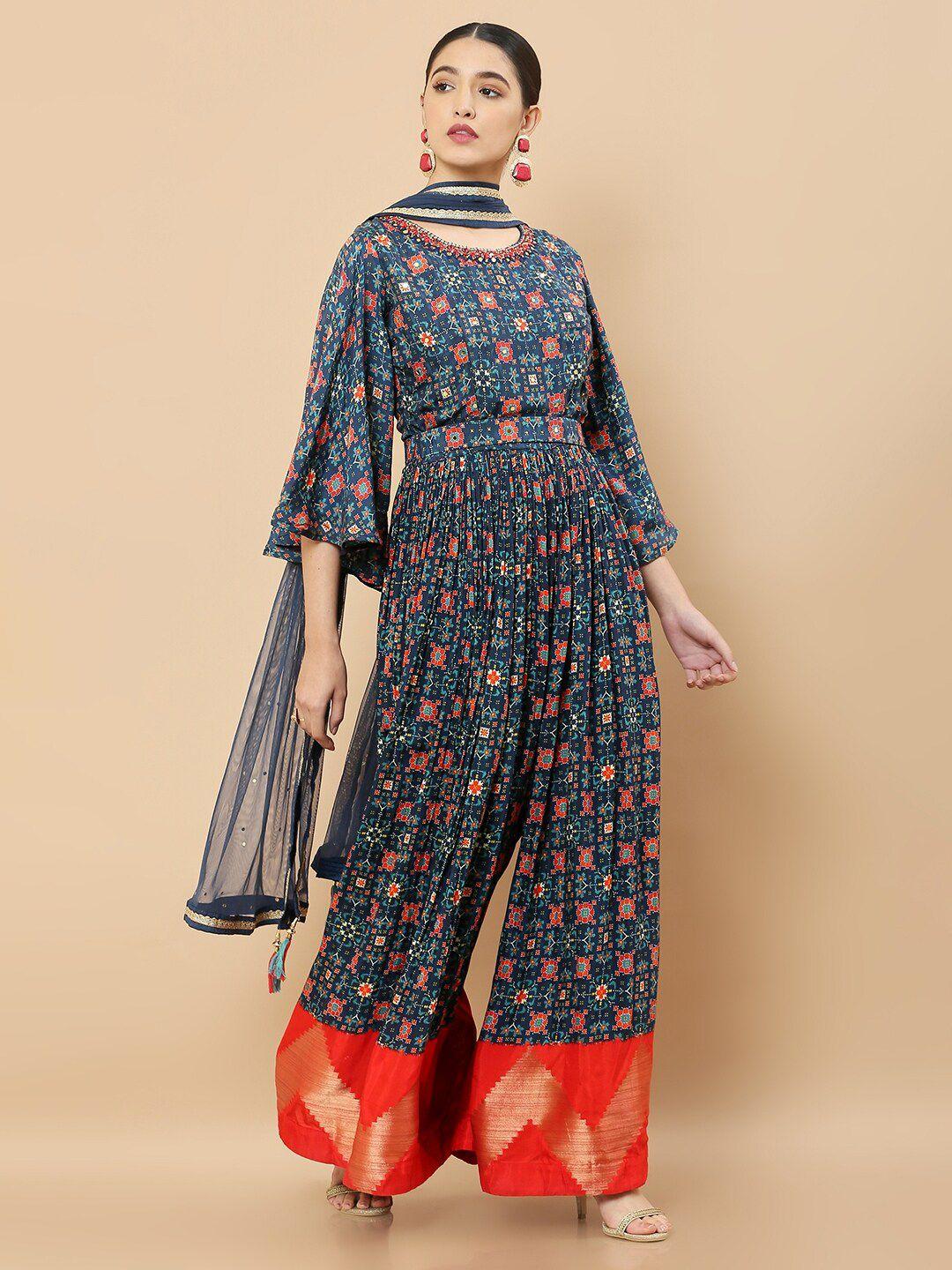 soch women blue & orange printed pure cotton jumpsuit