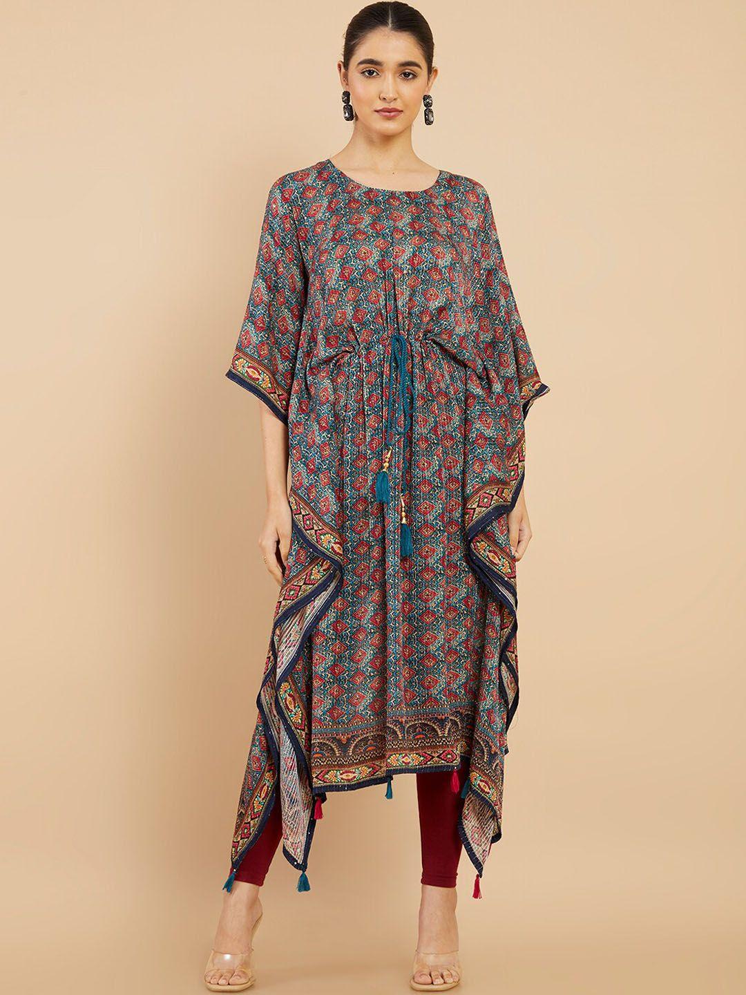 soch women blue & red geometric printed flared sleeves kaftan kurta