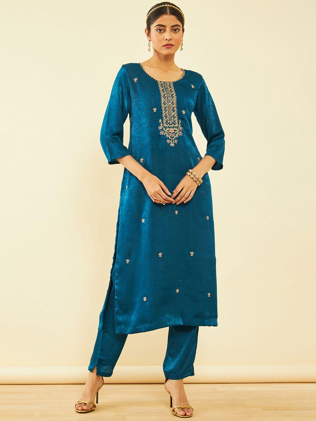 soch women blue embroidered regular mirror work velvet kurta with trousers & with dupatta