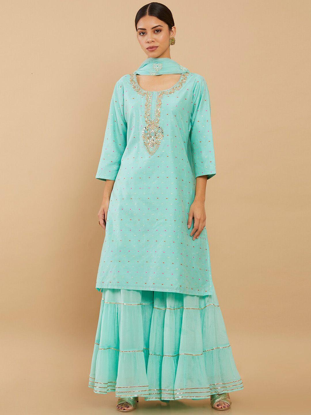 soch women blue floral embroidered pure silk kurta with sharara & dupatta