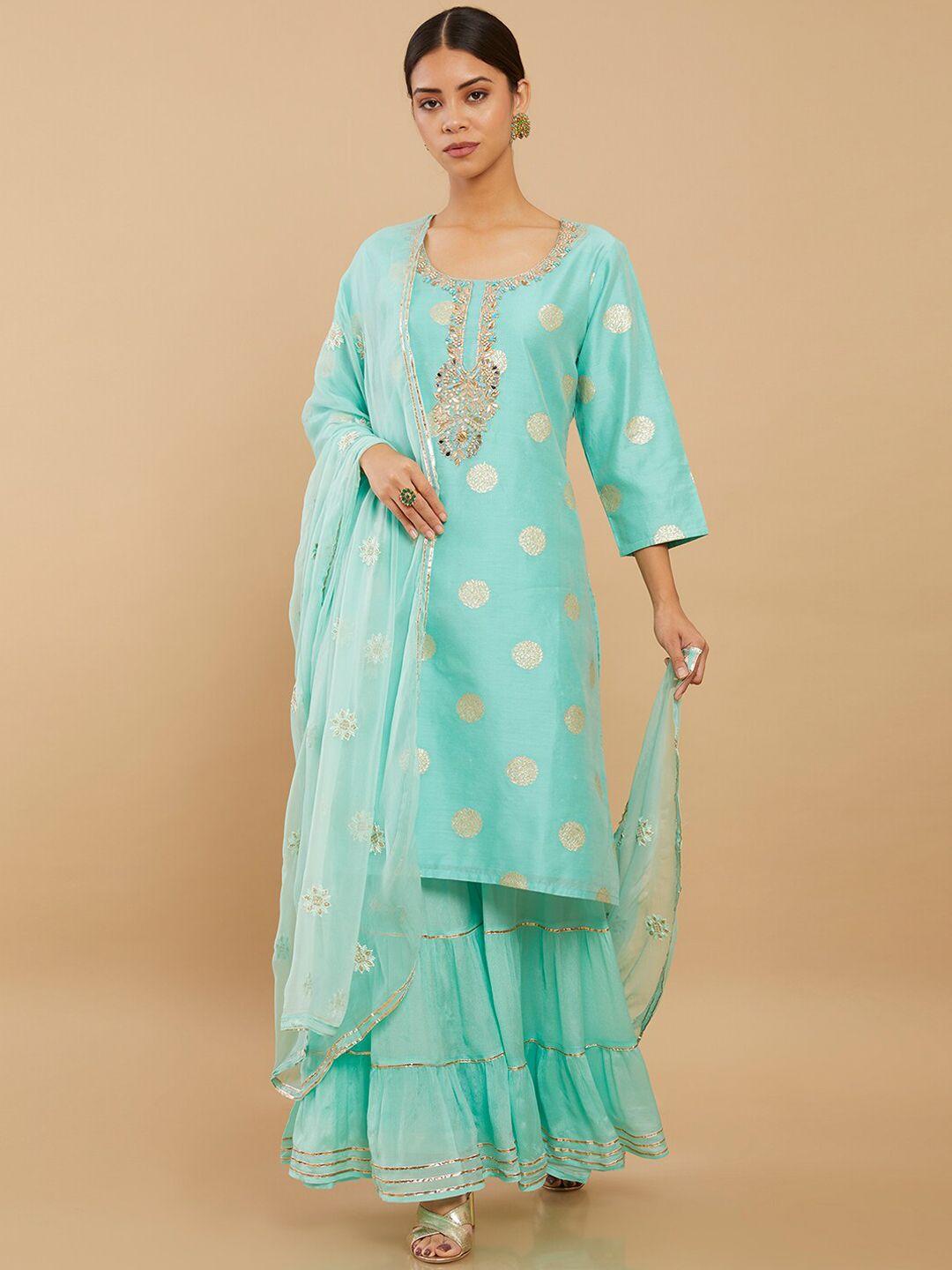 soch women blue floral embroidered zardozi pure silk kurta with sharara & with dupatta