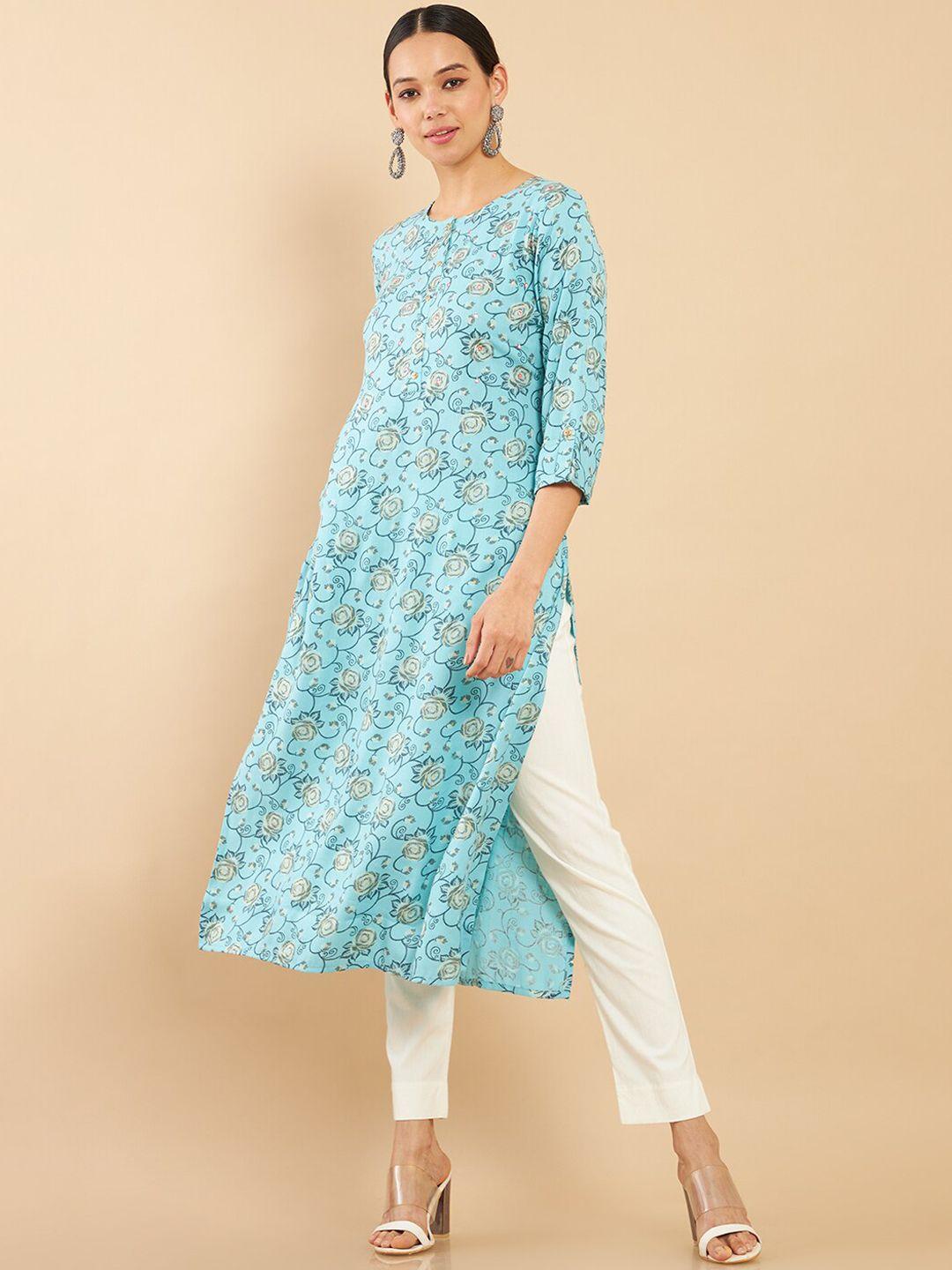 soch women blue floral print mirror work straight rayon kurta