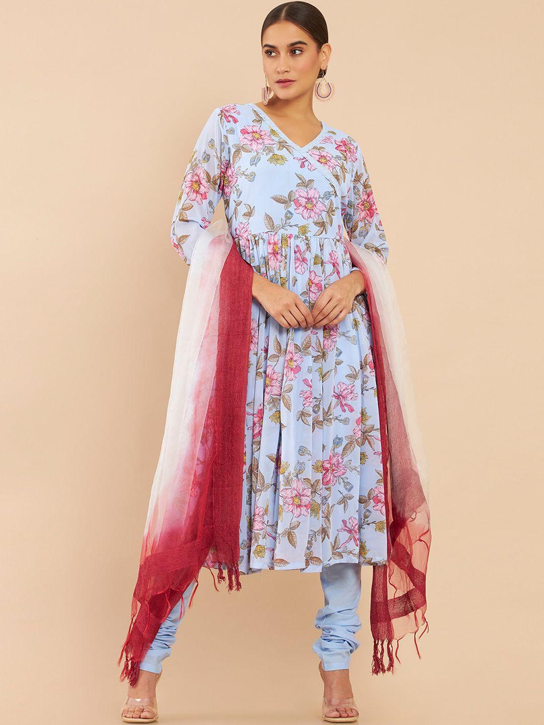 soch women blue floral printed angrakha kurta with churidar & dupatta