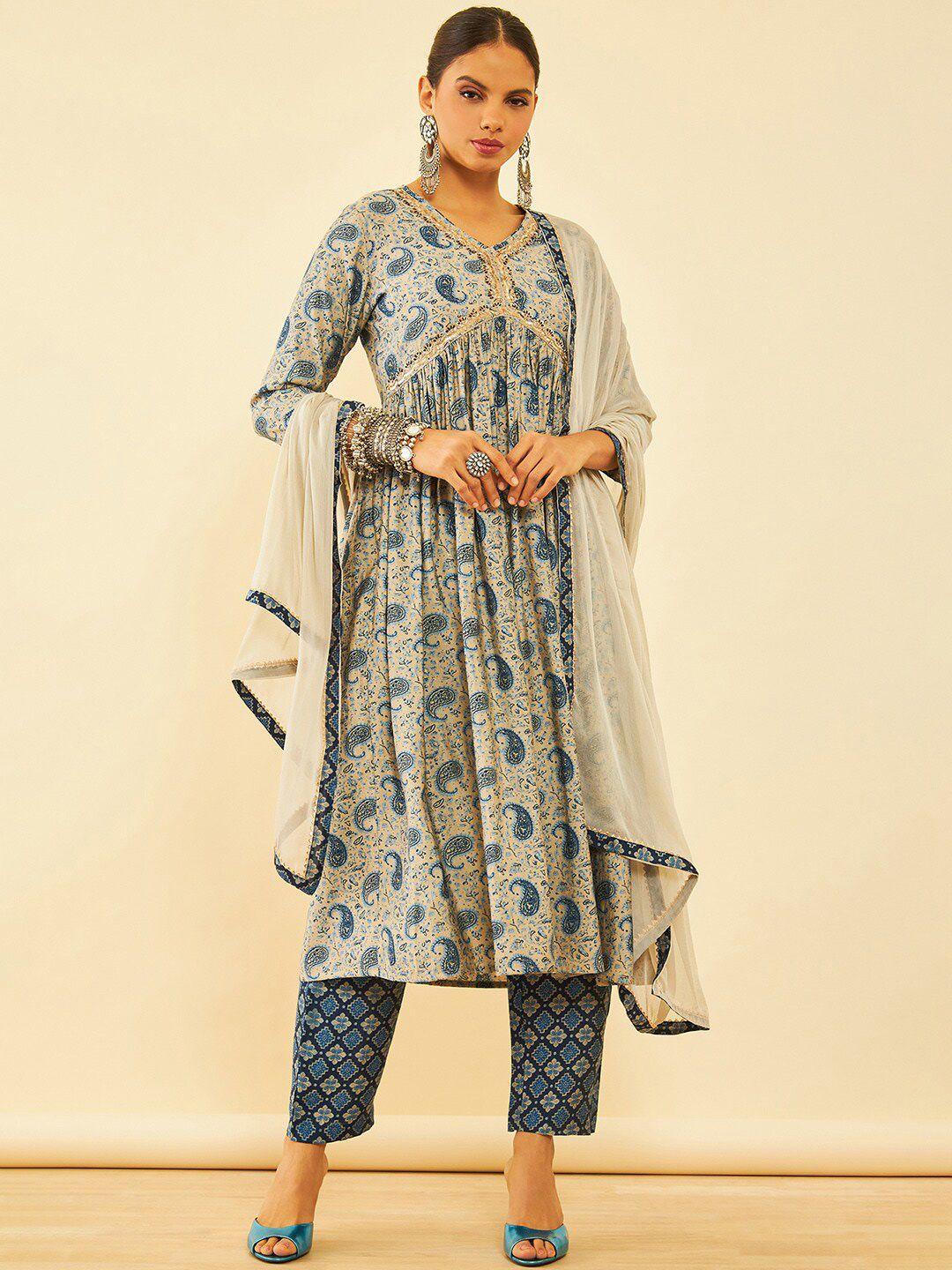 soch women blue paisley printed sequinned kurta with trousers & with dupatta