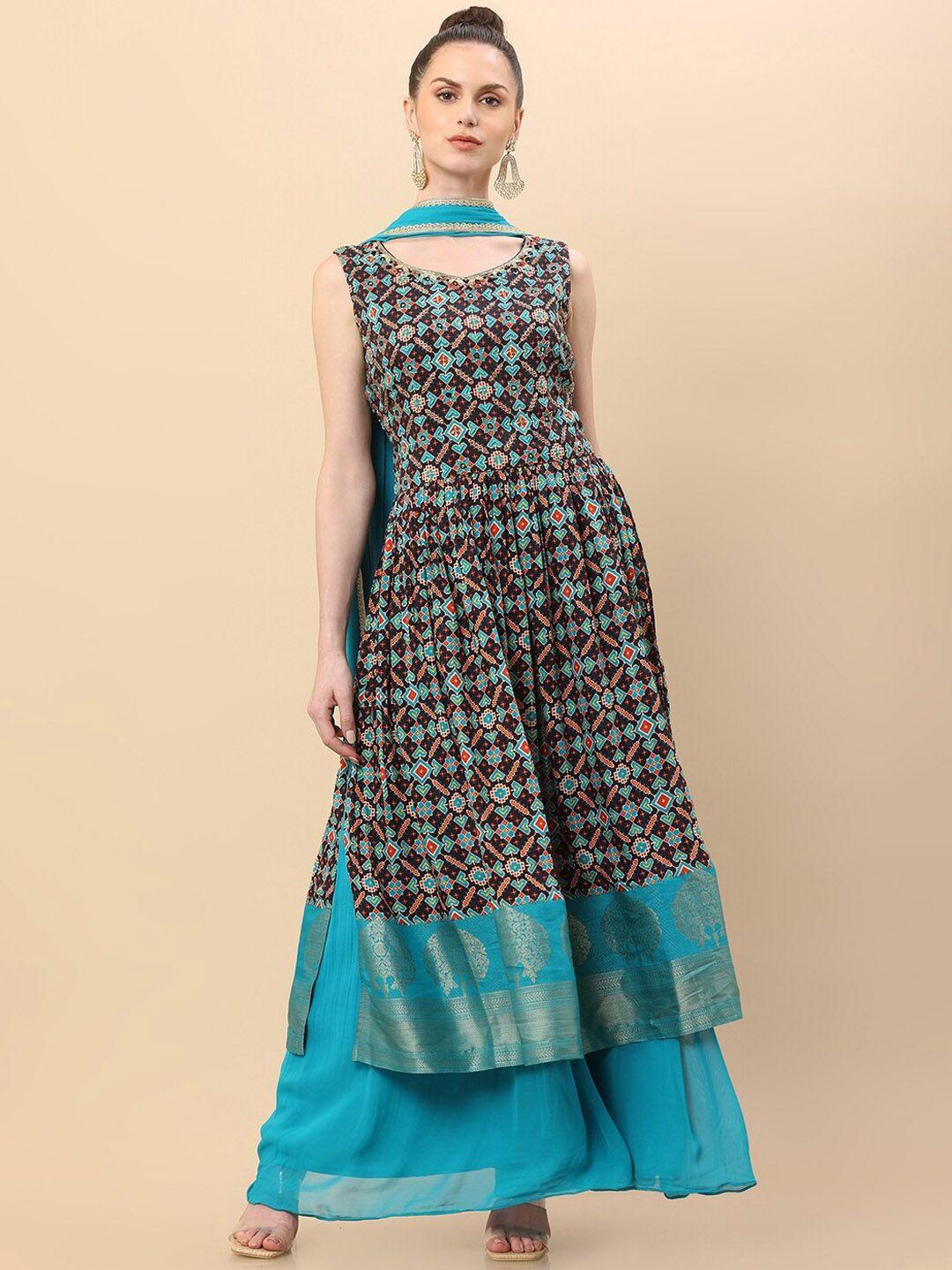 soch women blue printed beads and stones kurta with palazzos & with dupatta