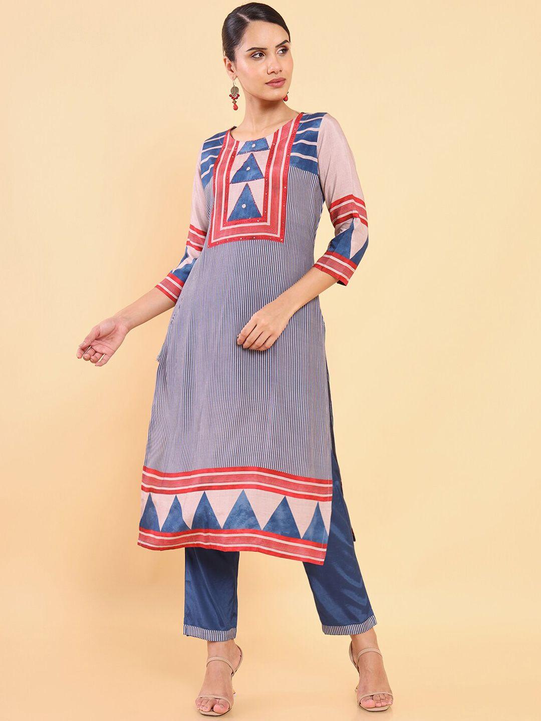 soch women blue printed sequinned kurta with trousers