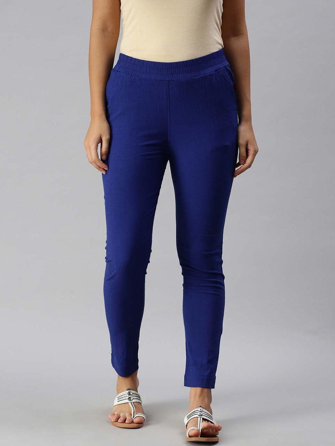 soch women blue solid crepe regular trousers