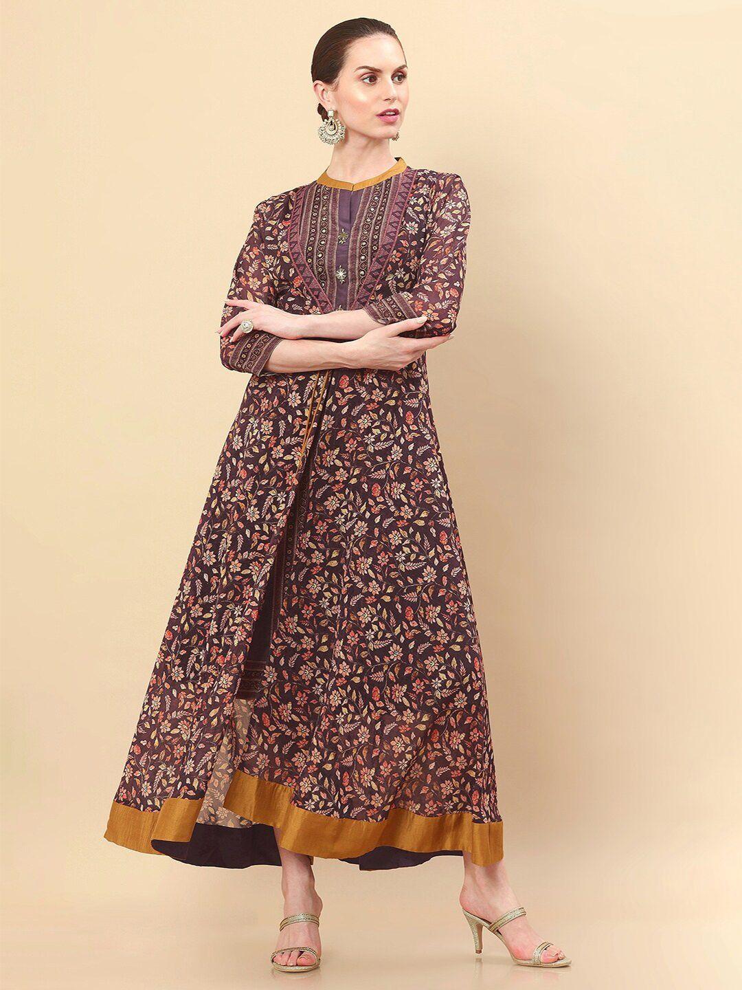 soch women brown & mustard yellow floral georgette ethnic a-line dress