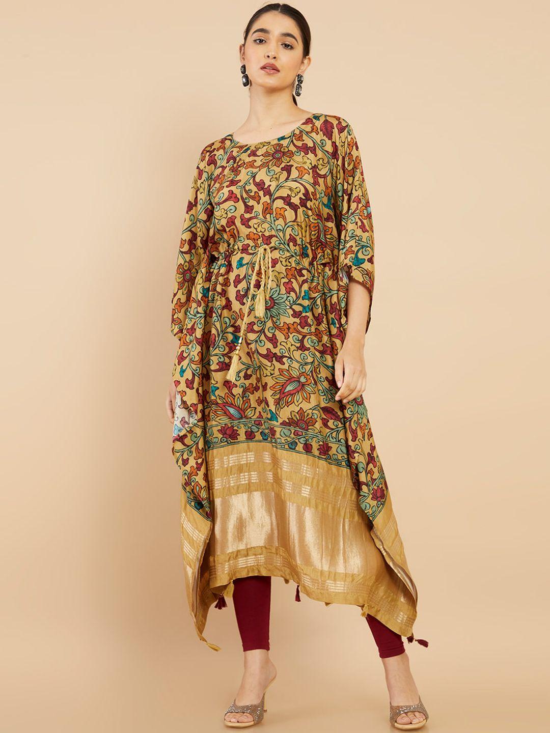 soch women brown & mustard yellow floral printed flared sleeves kaftan kurta