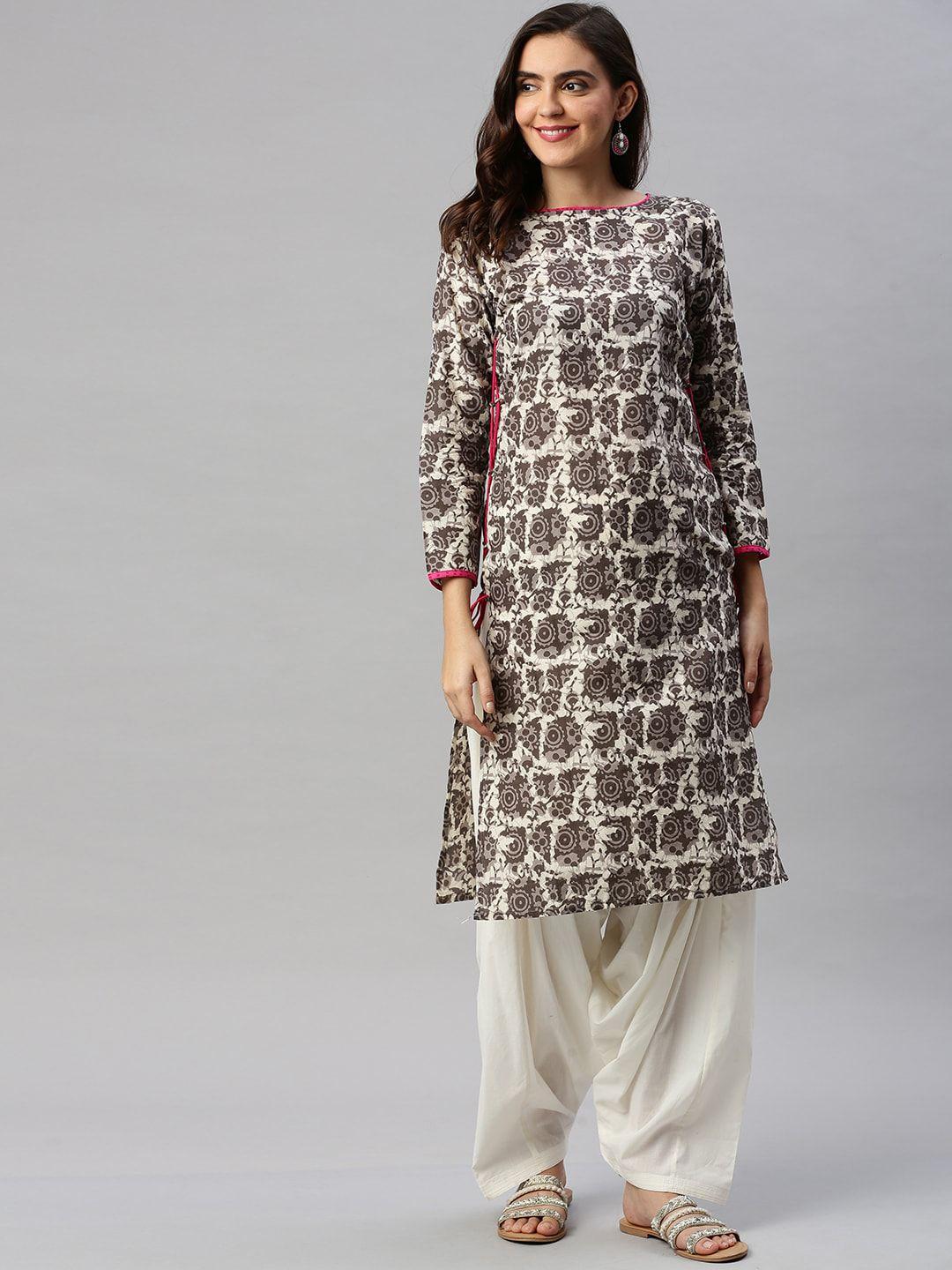 soch women brown & white printed pure cotton straight kurti