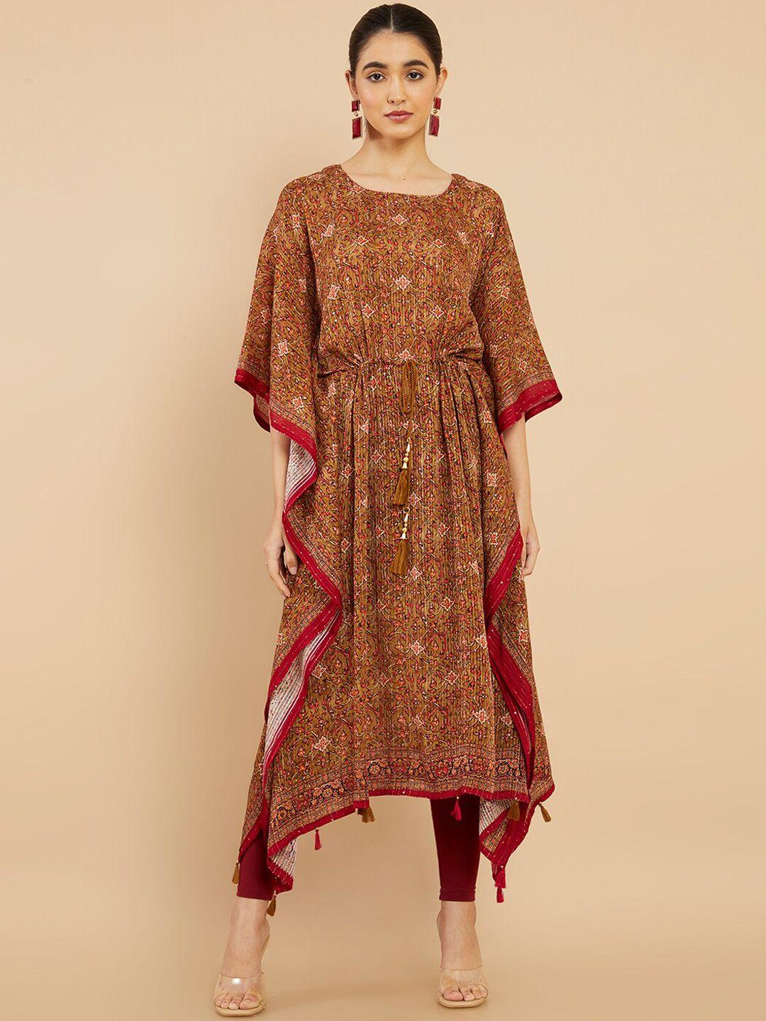 soch women brown ethnic motifs printed kaftan kurta
