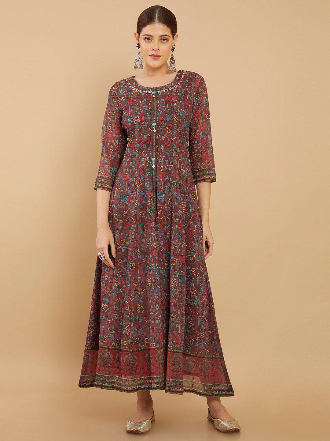soch women brown floral georgette maxi dress