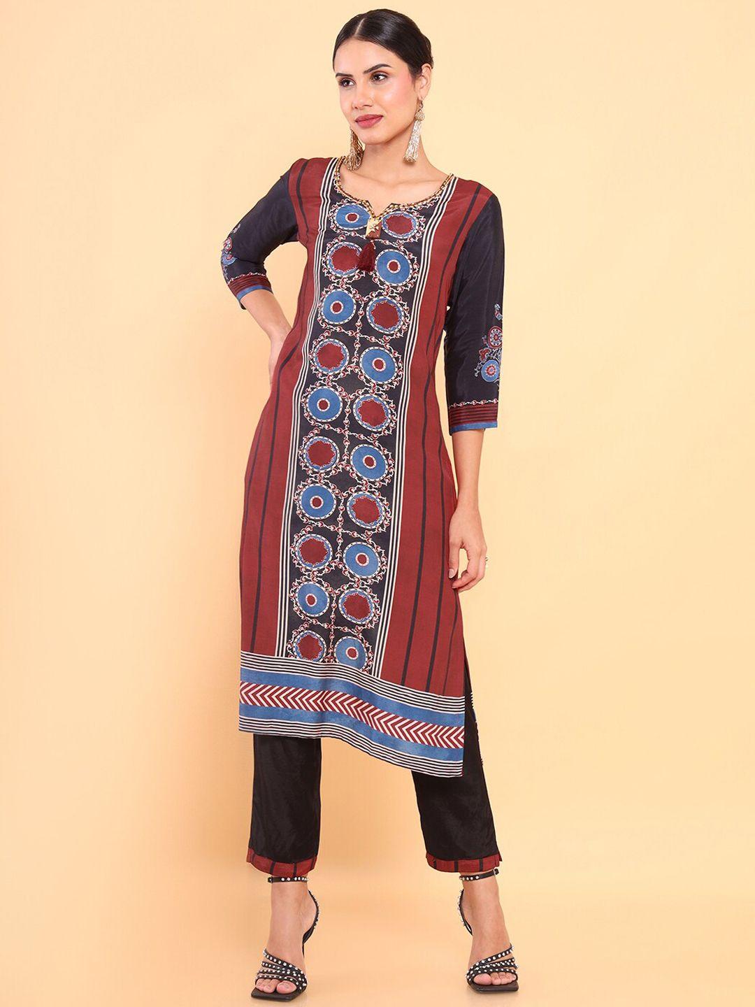 soch women brown printed pure cotton kurta with trousers
