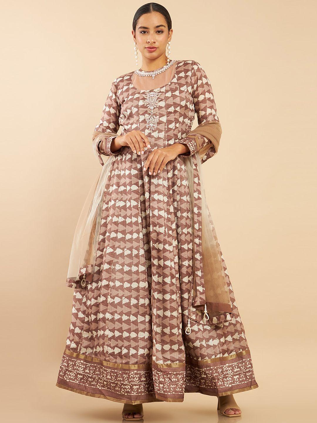 soch women brown printed silk angrakha kurti with skirt & with dupatta