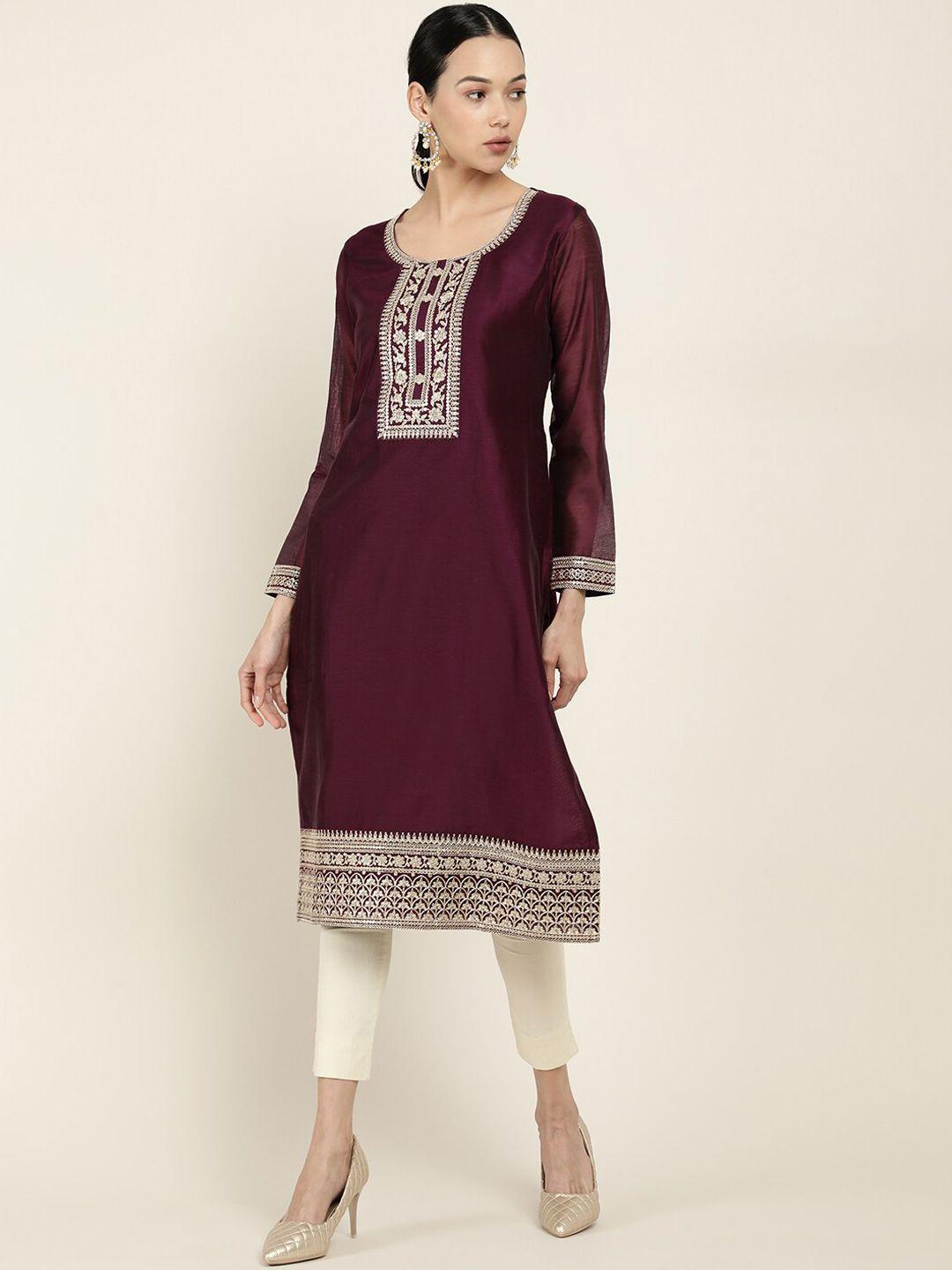 soch women burgundy & gold-coloured embroidered gotta patti chanderi silk a-line kurta