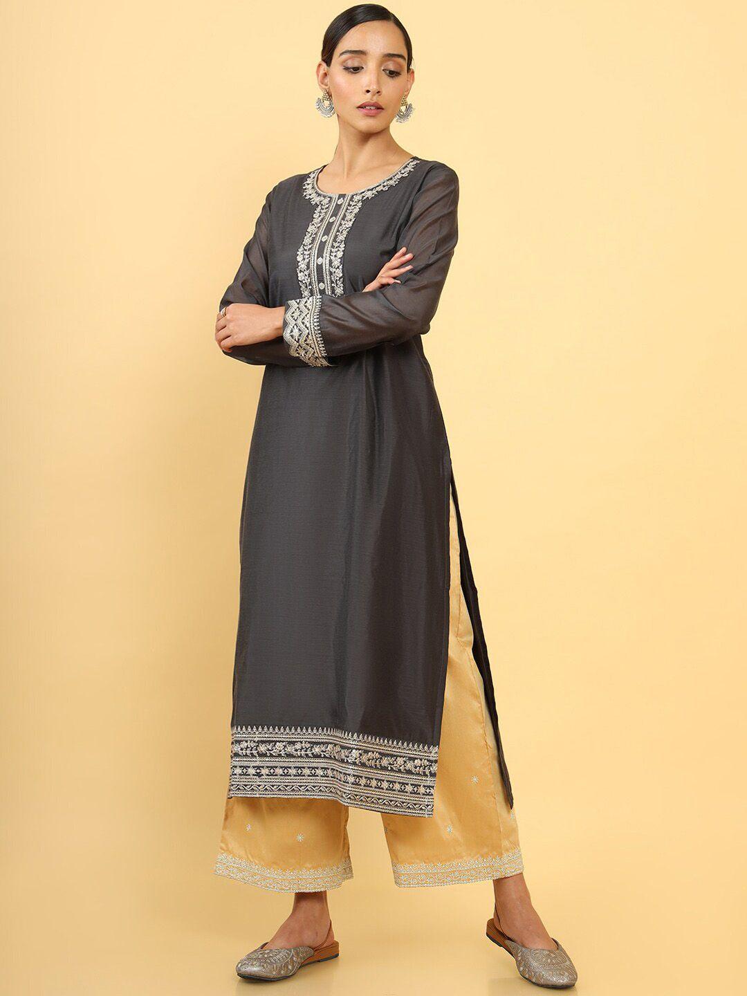 soch women charcoal floral embroidered kurta