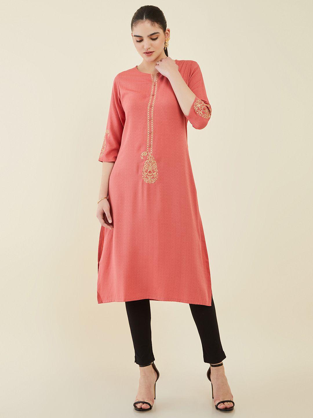 soch women coral & green embroidered crepe straight kurta