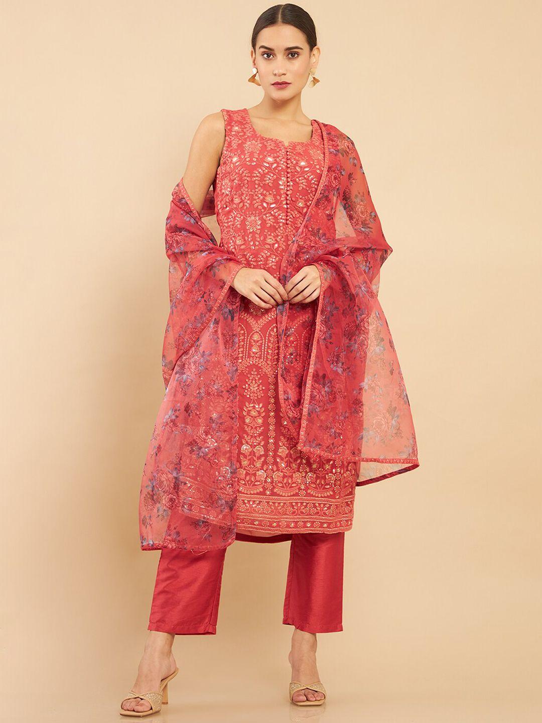 soch women coral floral embroidered layered sequinned kurta with trousers & with dupatta