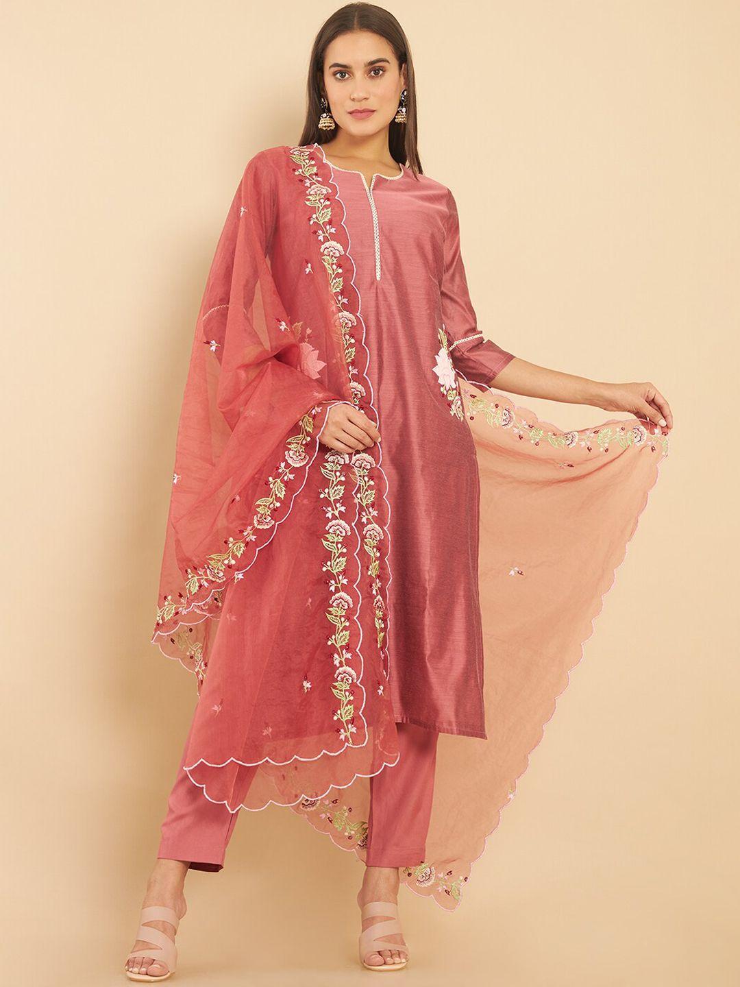 soch women coral floral embroidered thread work kurta with trousers & dupatta