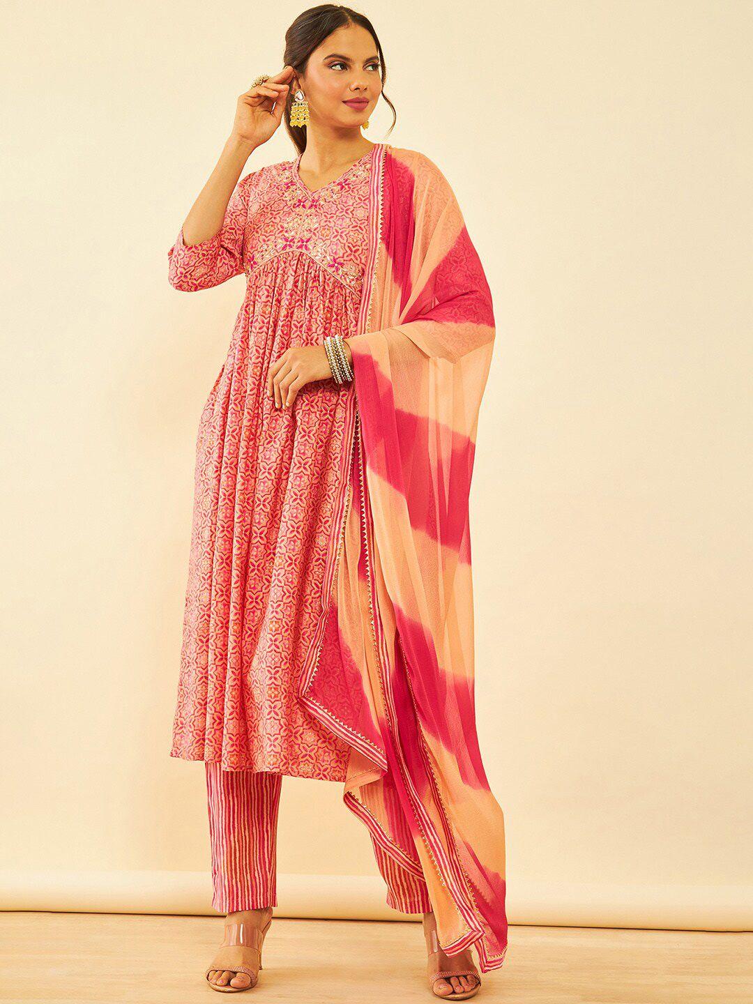 soch women coral printed zardozi kurta with trousers & with dupatta