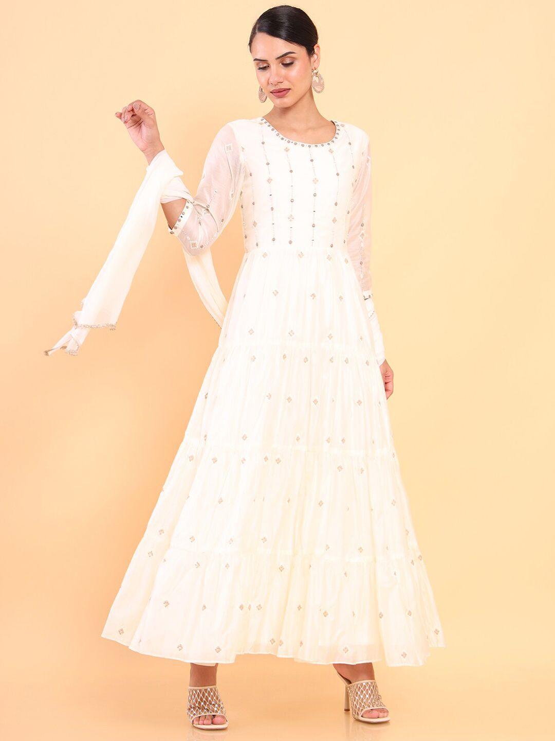 soch women cream-coloured kurta with churidar & with dupatta