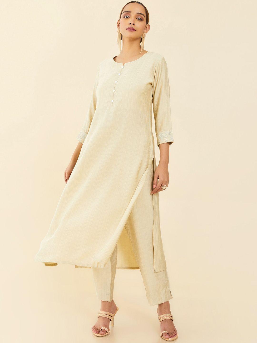 soch women cream-coloured solid straight fit kurta with trousers