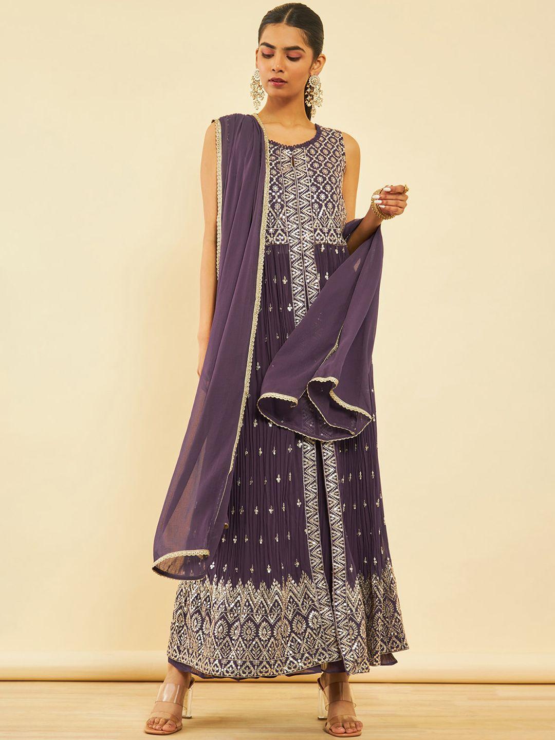 soch women ethnic motifs embroidered pleated sequinned kurta with palazzos & with dupatta