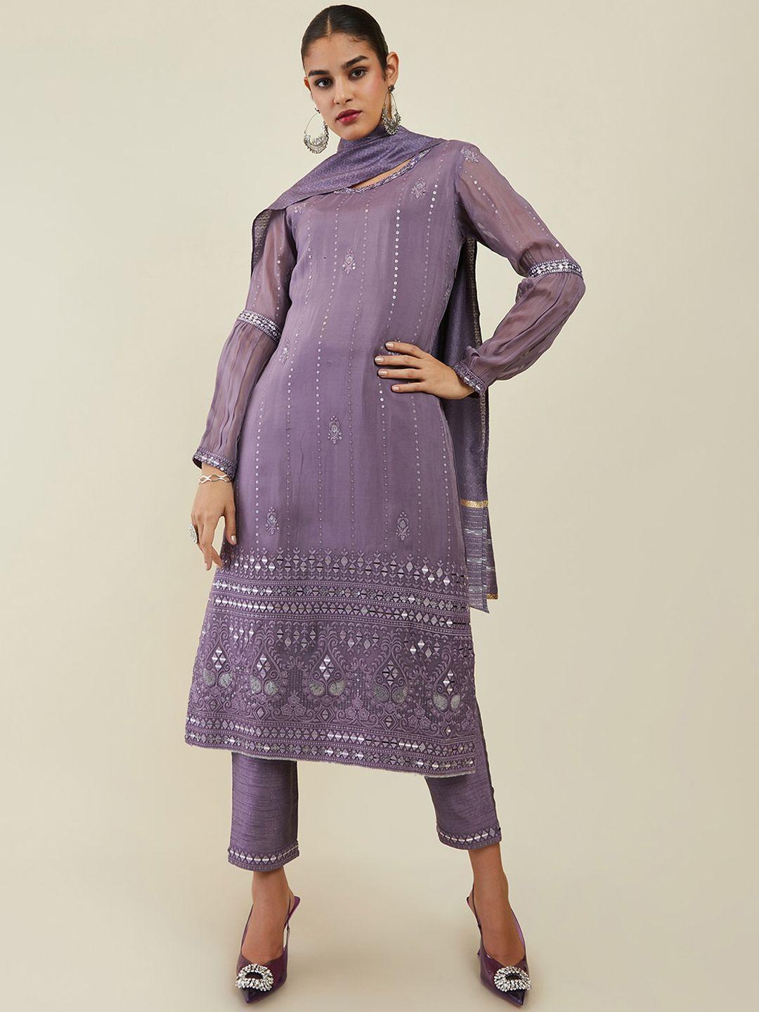 soch women floral embroidered mirror work kurta with trousers & dupatta