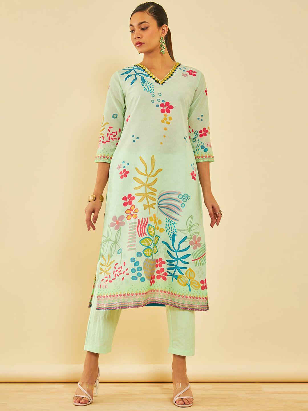 soch women floral printed regular mirror work kurta with trousers