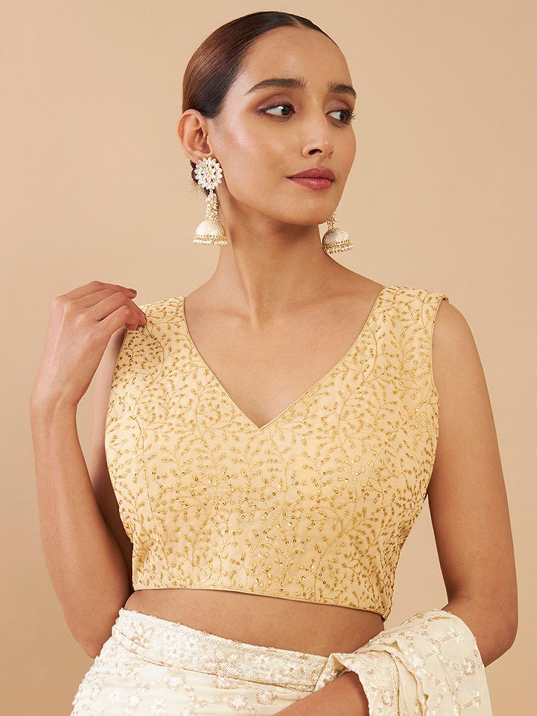 soch women gold-coloured embroidered saree blouse