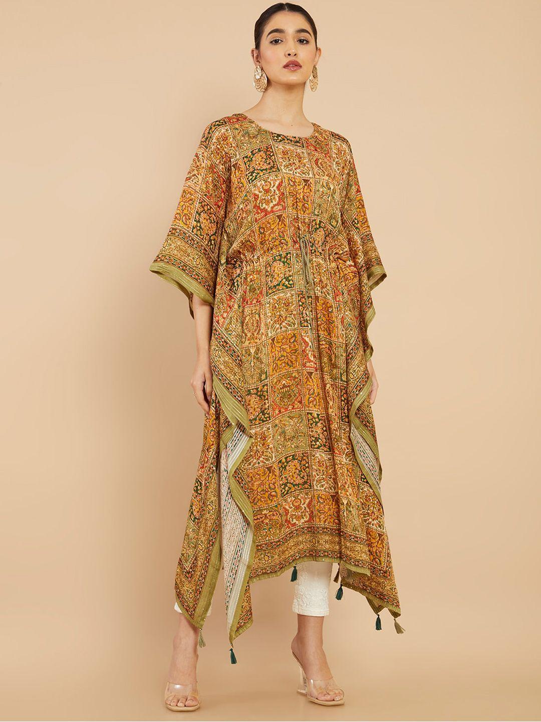 soch women green & mustard yellow ethnic motifs printed flared sleeves kaftan kurta