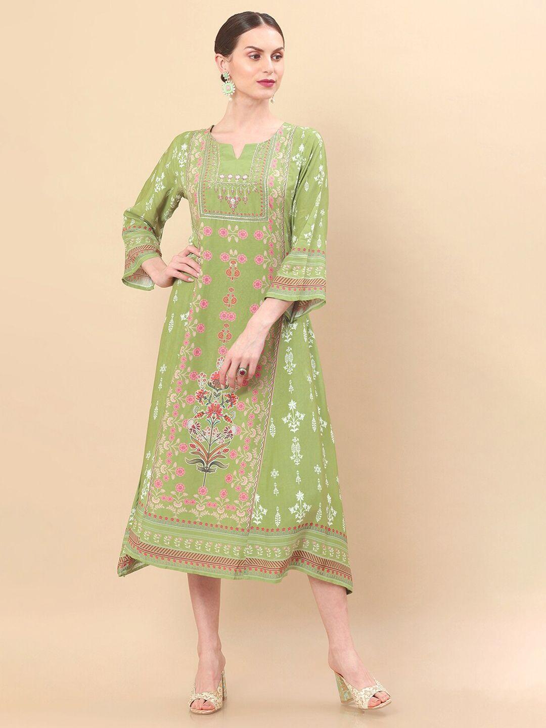 soch women green & pink floral crepe ethnic a-line dress