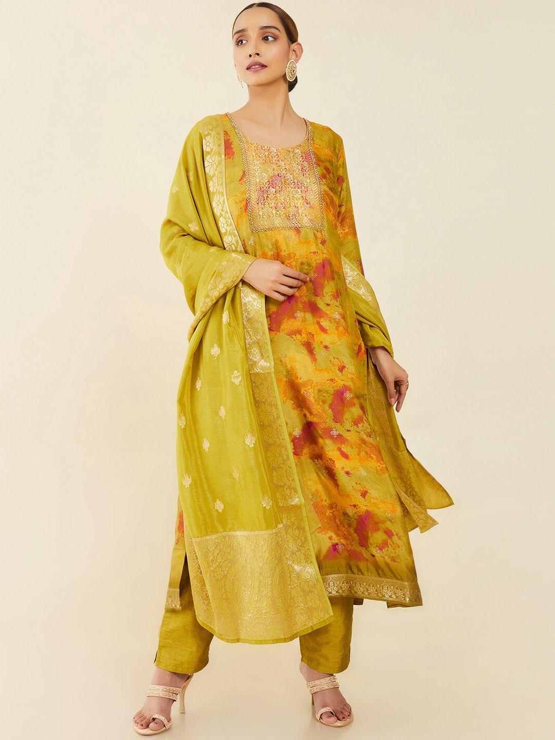 soch women green dyed pure silk kurta with trousers & with dupatta