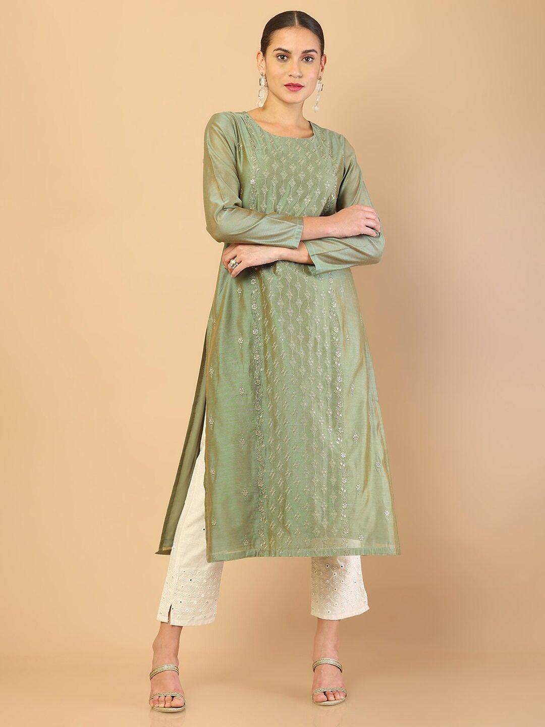 soch women green ethnic motifs embellished chanderi silk straight kurta