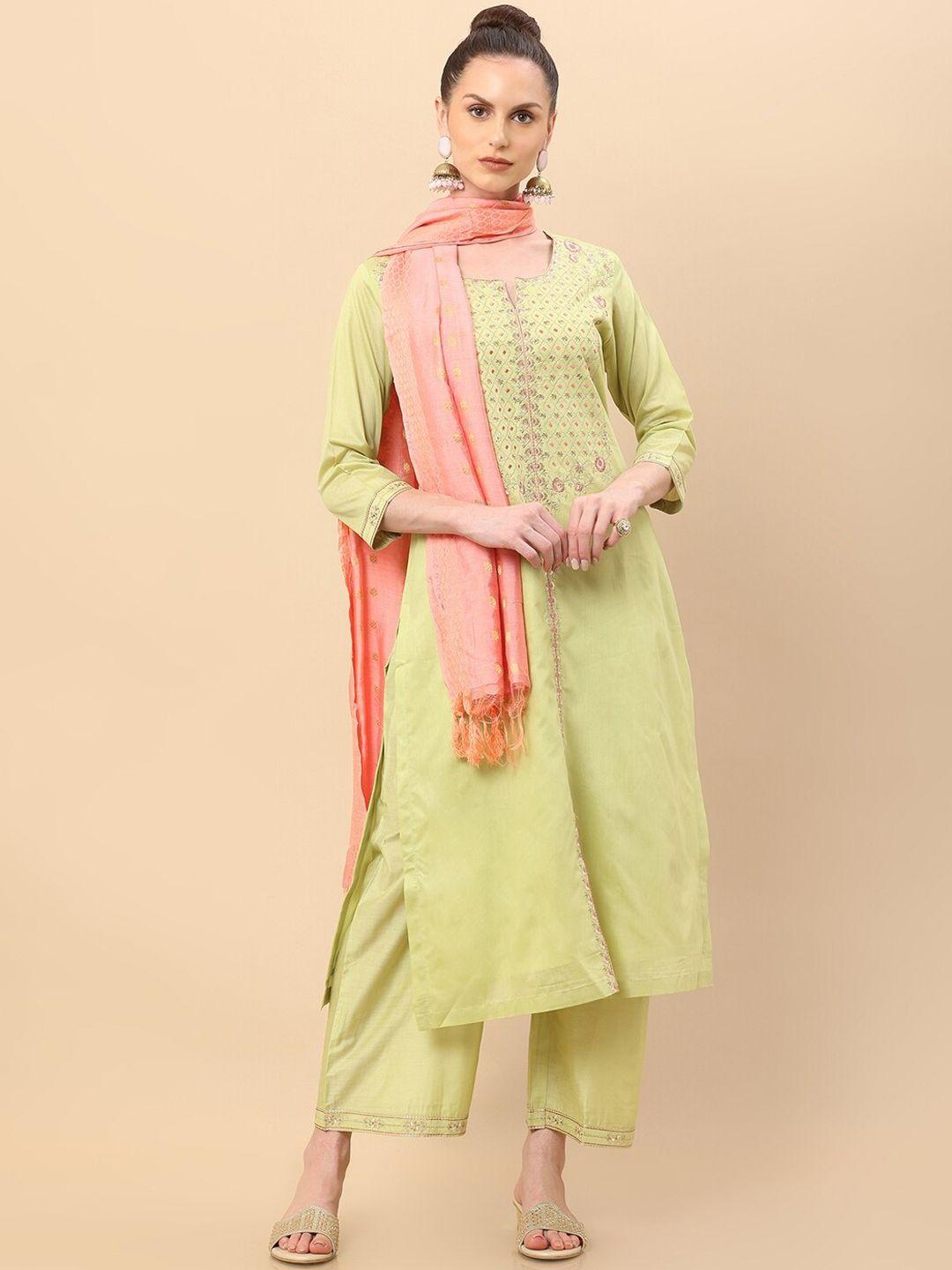soch women green ethnic motifs embroidered raw silk kurta with trousers & with dupatta