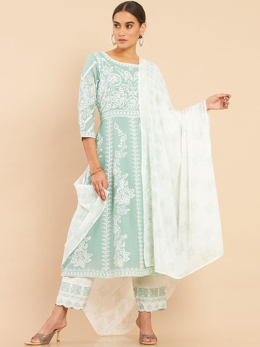 soch women green floral embroidered empire thread work pure cotton kurta with trousers & with dupatta