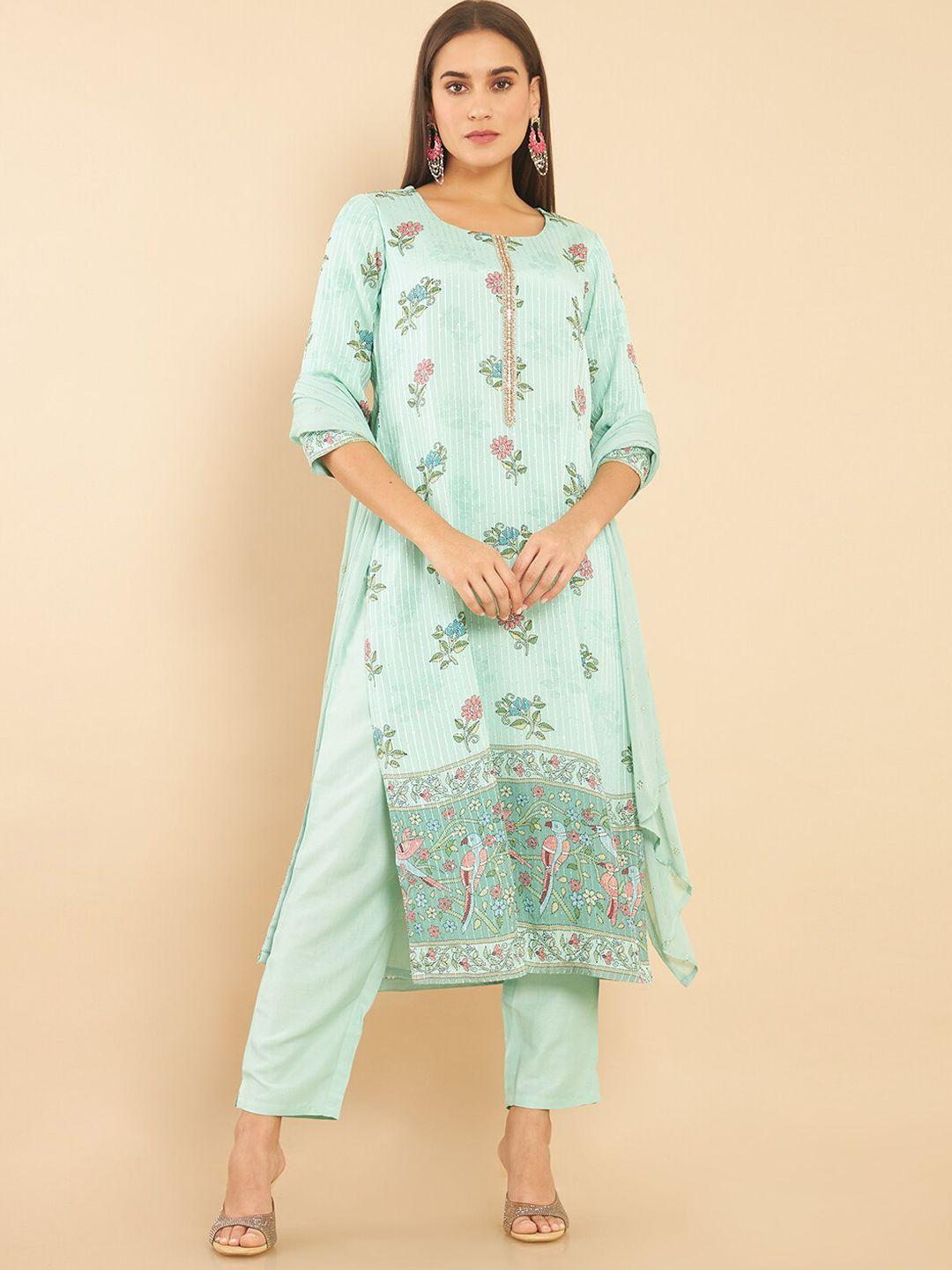 soch women green floral embroidered kurta with trousers