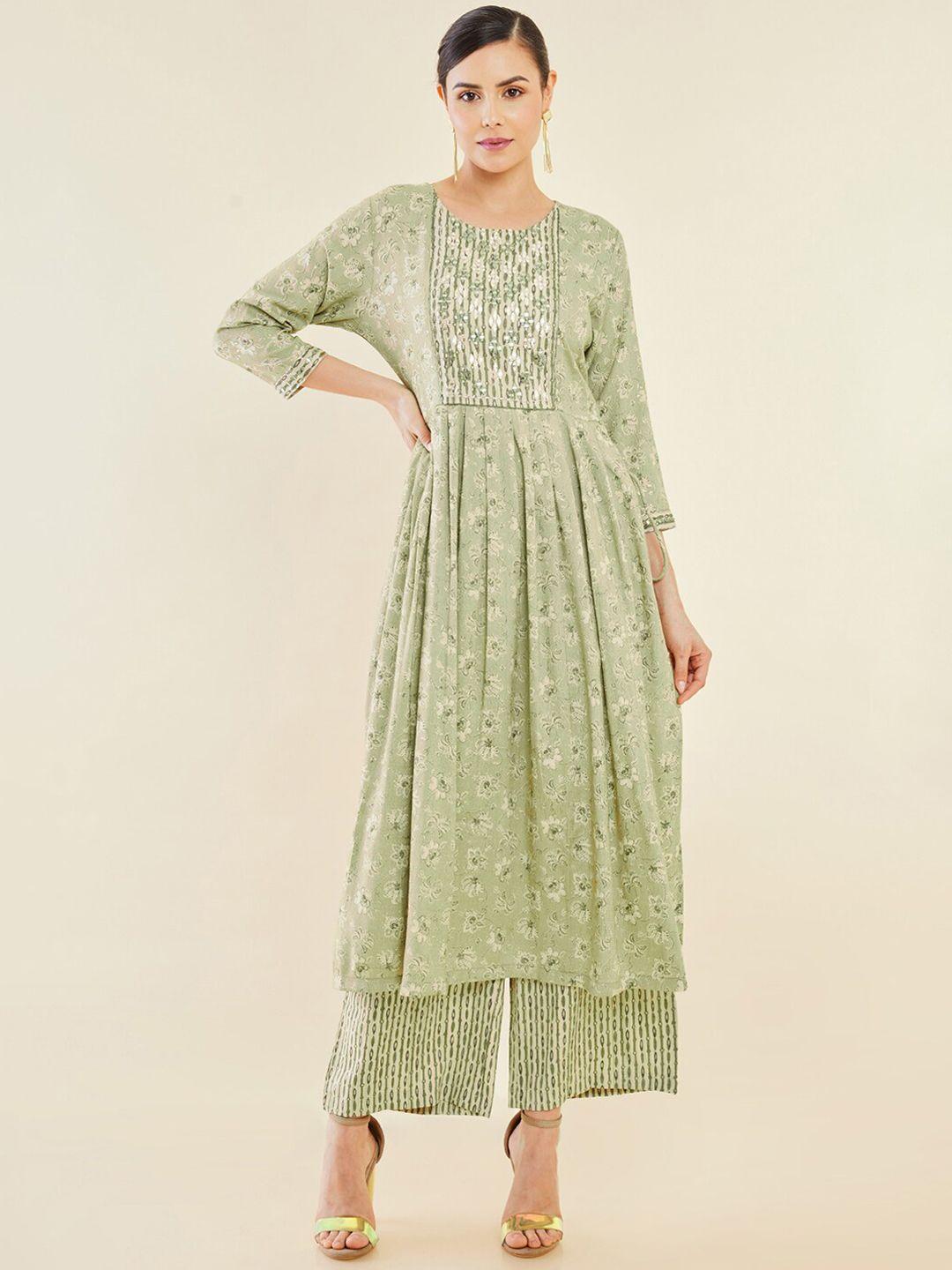 soch women green floral printed pleated mirror work kurta with palazzos