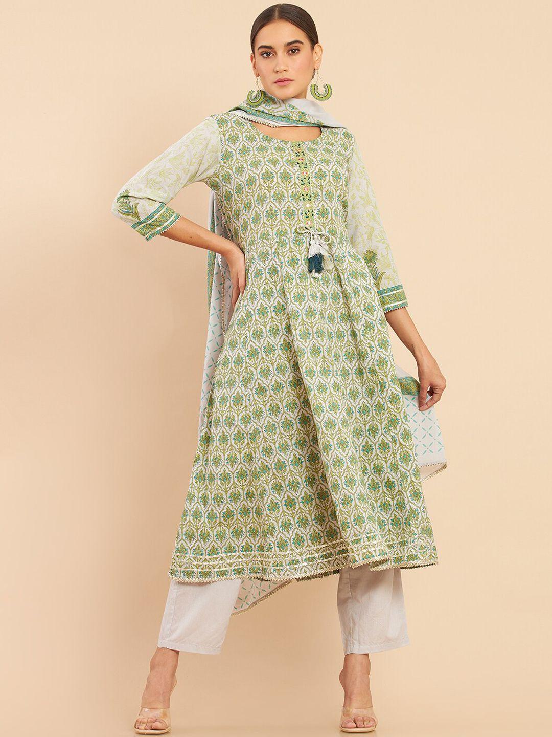 soch women green floral printed pleated pure cotton kurta with trousers & dupatta