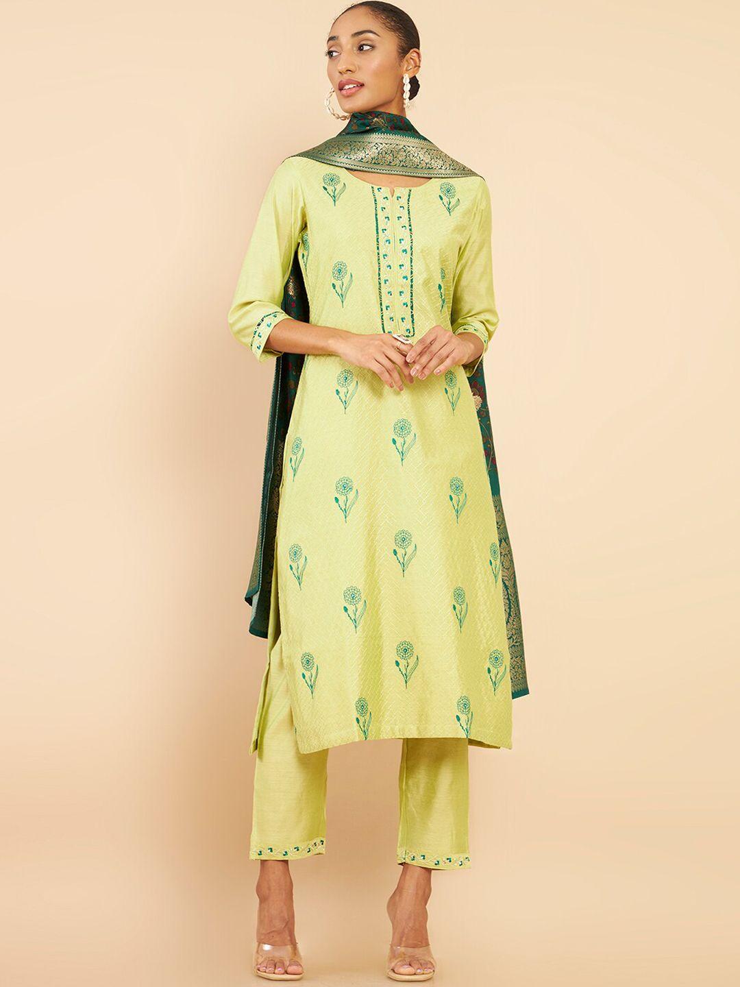 soch women green floral printed thread work kurta with trousers & with dupatta