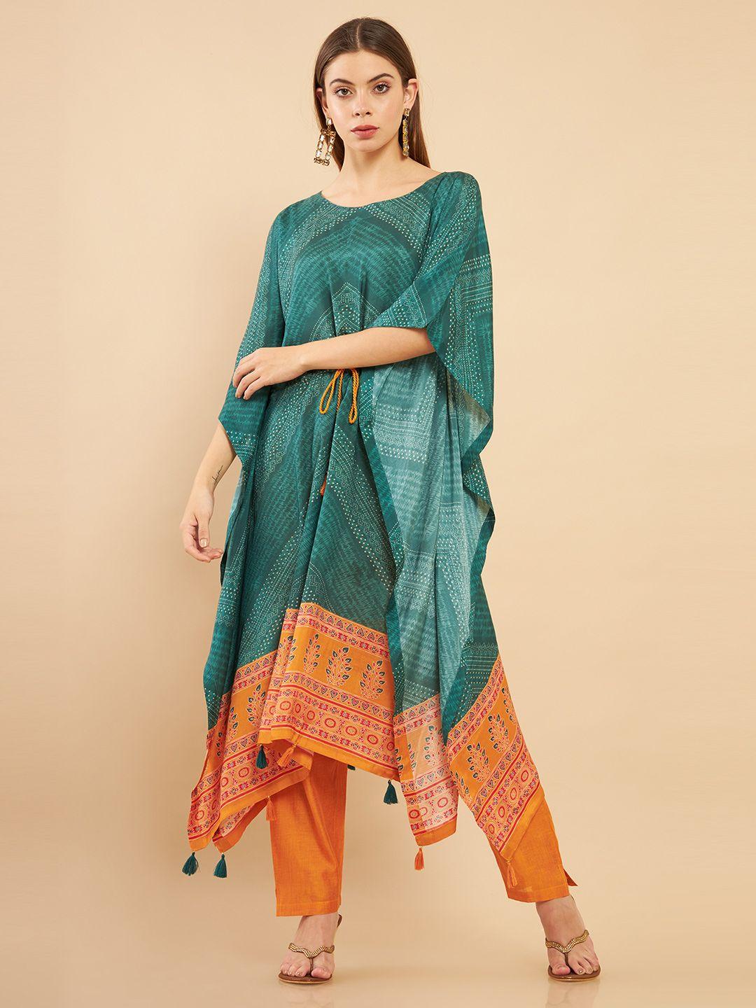 soch women green printed muslin kurta with trousers