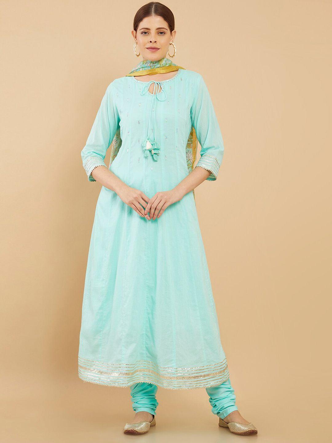 soch women green pure cotton kurta with churidar with dupatta