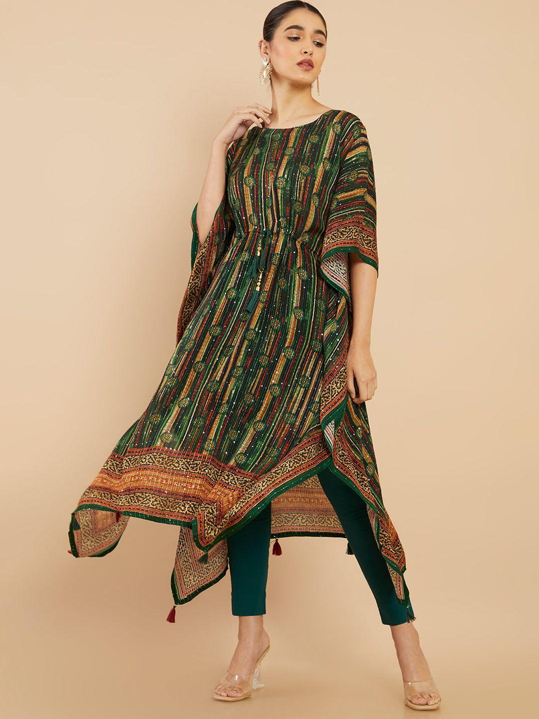 soch women green striped kaftan kurta