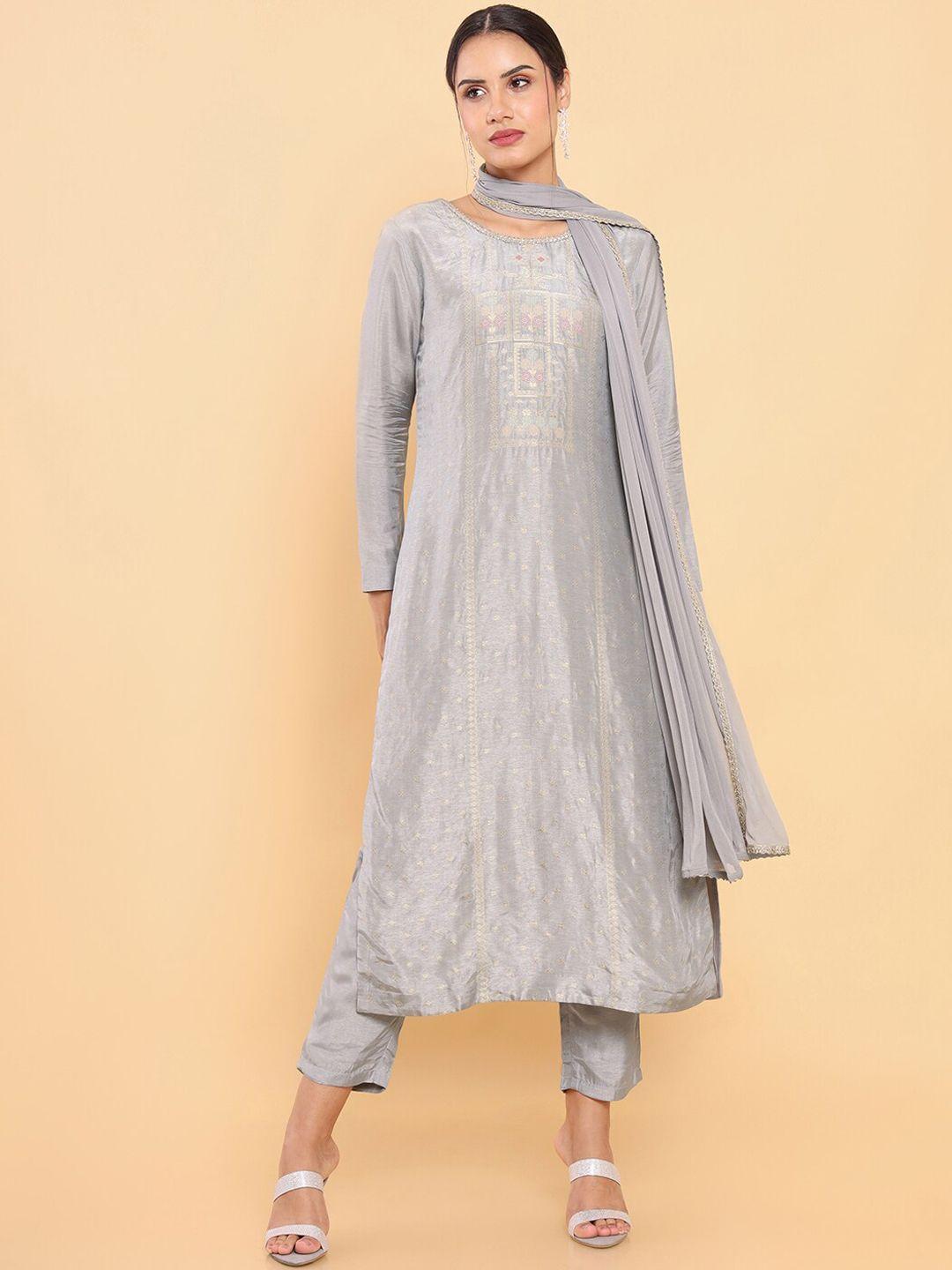 soch women grey & gold printed straight kurta with trousers & with dupatta