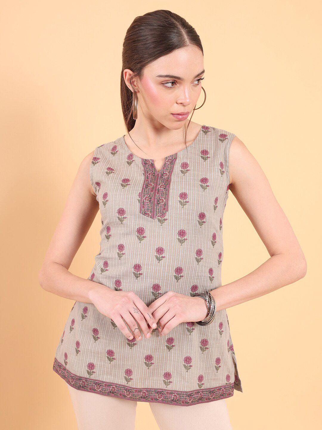 soch women grey & pink printed cotton sleeveless tunic