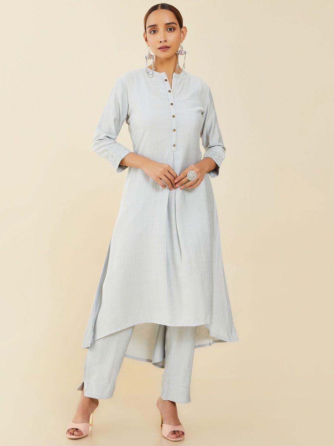 soch women grey chanderi cotton solid kurta with trousers