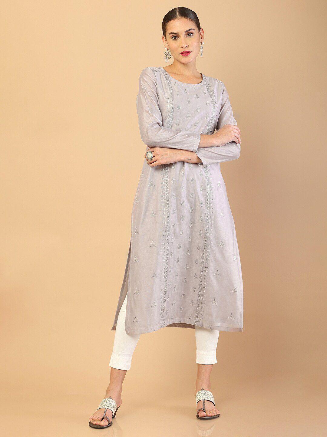 soch women grey ethnic motifs embroidered a-line kurta