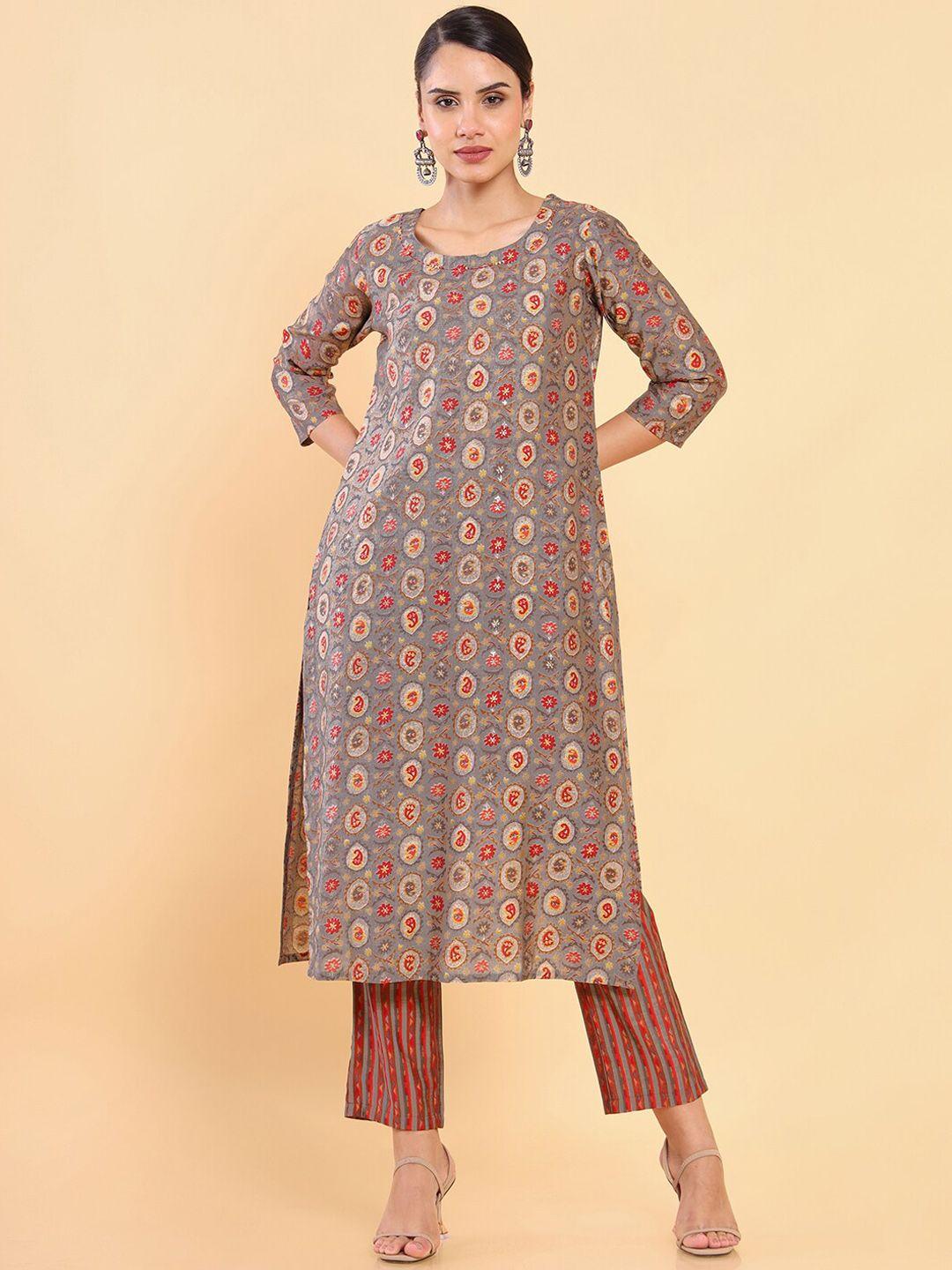 soch women grey ethnic motifs printed kurta with trousers