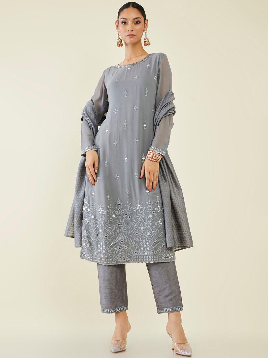 soch women grey floral embroidered mirror work kurta with trousers & with dupatta